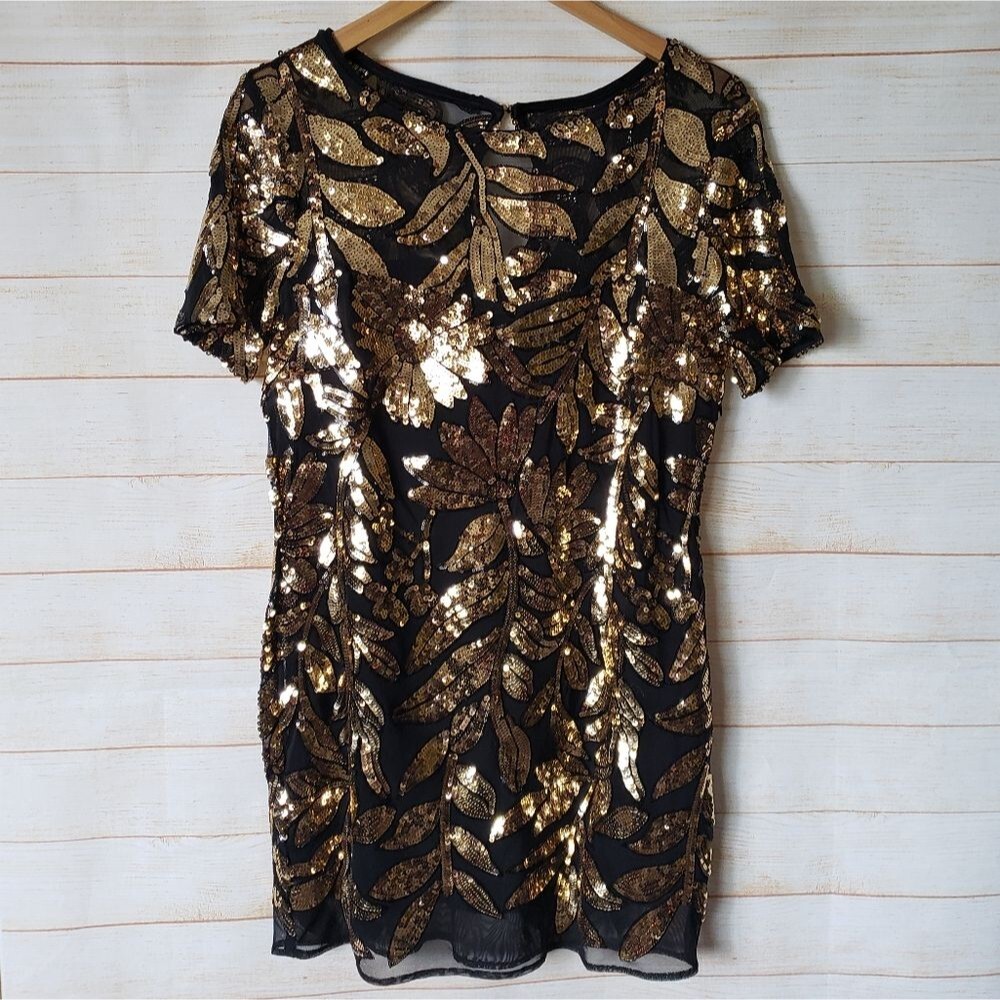 Maeve Anthropologie Short Sleeve Sheer Embellished Mini Dress Black Gold Size SP - Picture 8 of 15